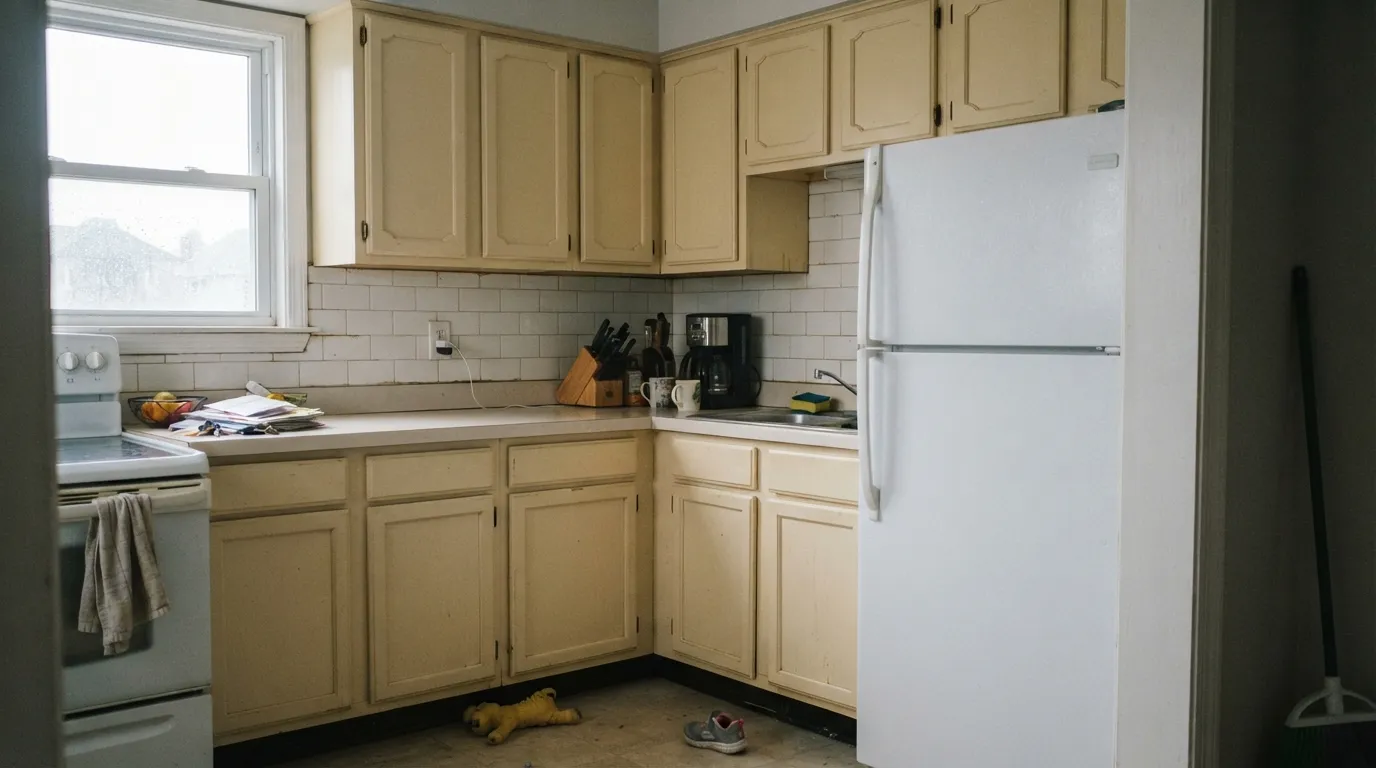 The honest shot: next to a plain white fridge and white tile, the same cabinets look dated and yellowed instead of warm — the exact clash behind most of its bad reviews.