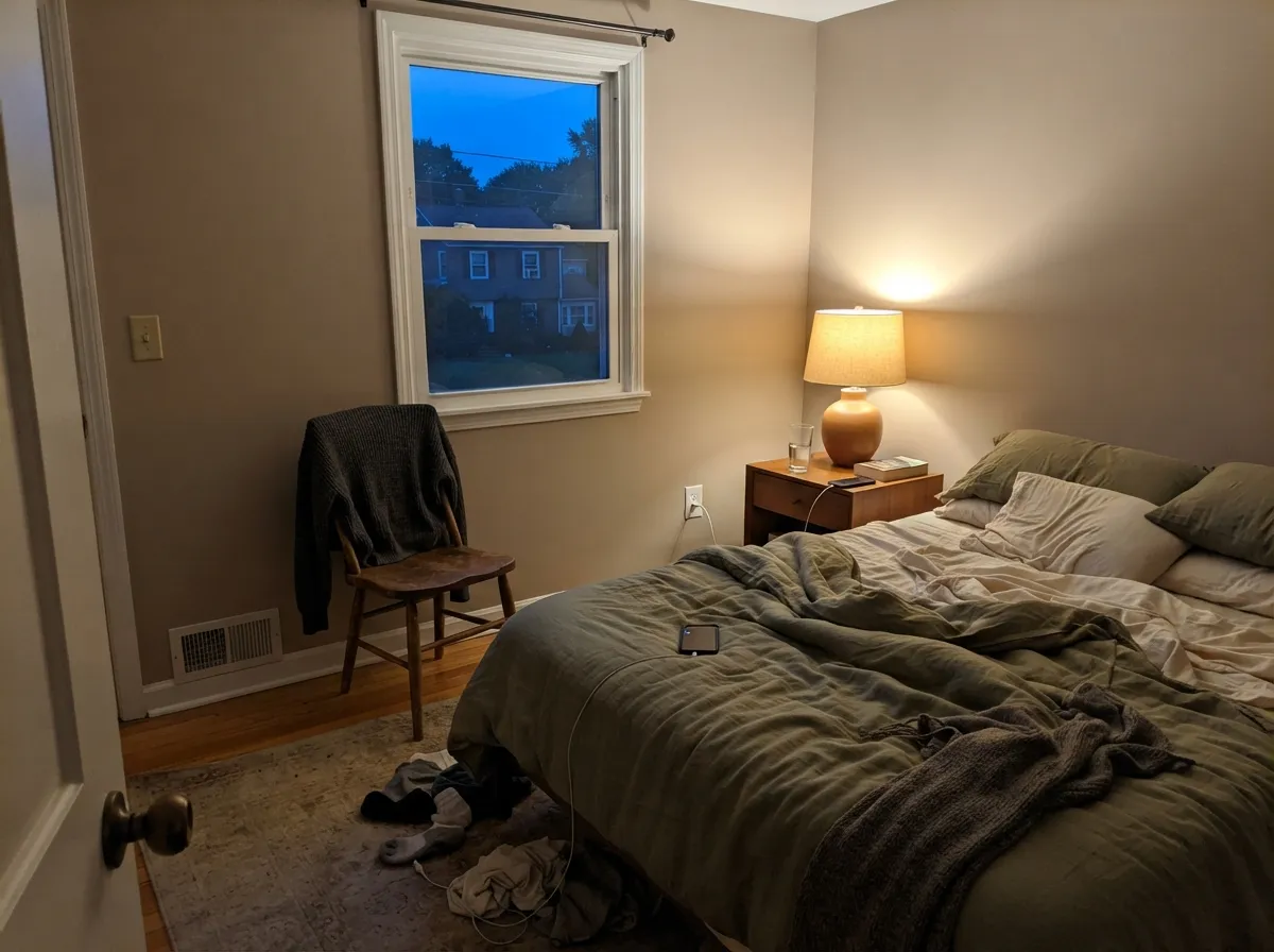 Under evening lamplight the color turns honeyed and calm — the warm half of its balance winning out.
