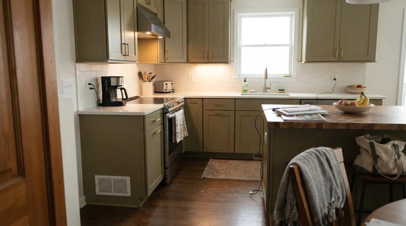 Artichoke on cabinets and island, with white counters feeding it real light — the muted olive-green reads clear and deliberate, not dark.