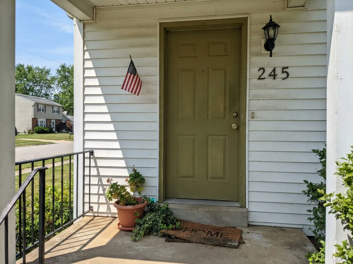 Full sun on white siding is where Artichoke earns its keep outdoors — a confident, grounded olive instead of the flat drab some dark greens get on a facade.
