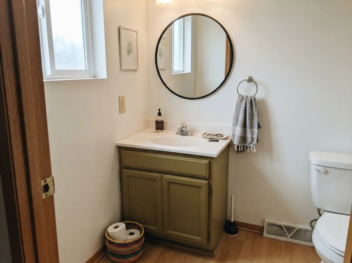 With a window feeding it daylight, the vanity holds its olive-green color instead of sinking toward black.
