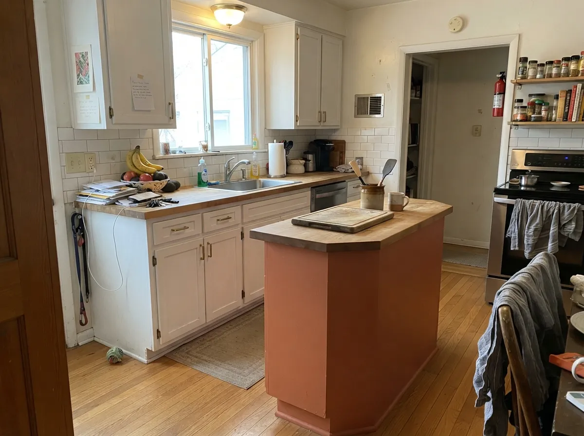 As an island under white cabinets it reads warm and deliberate instead of overwhelming the room.