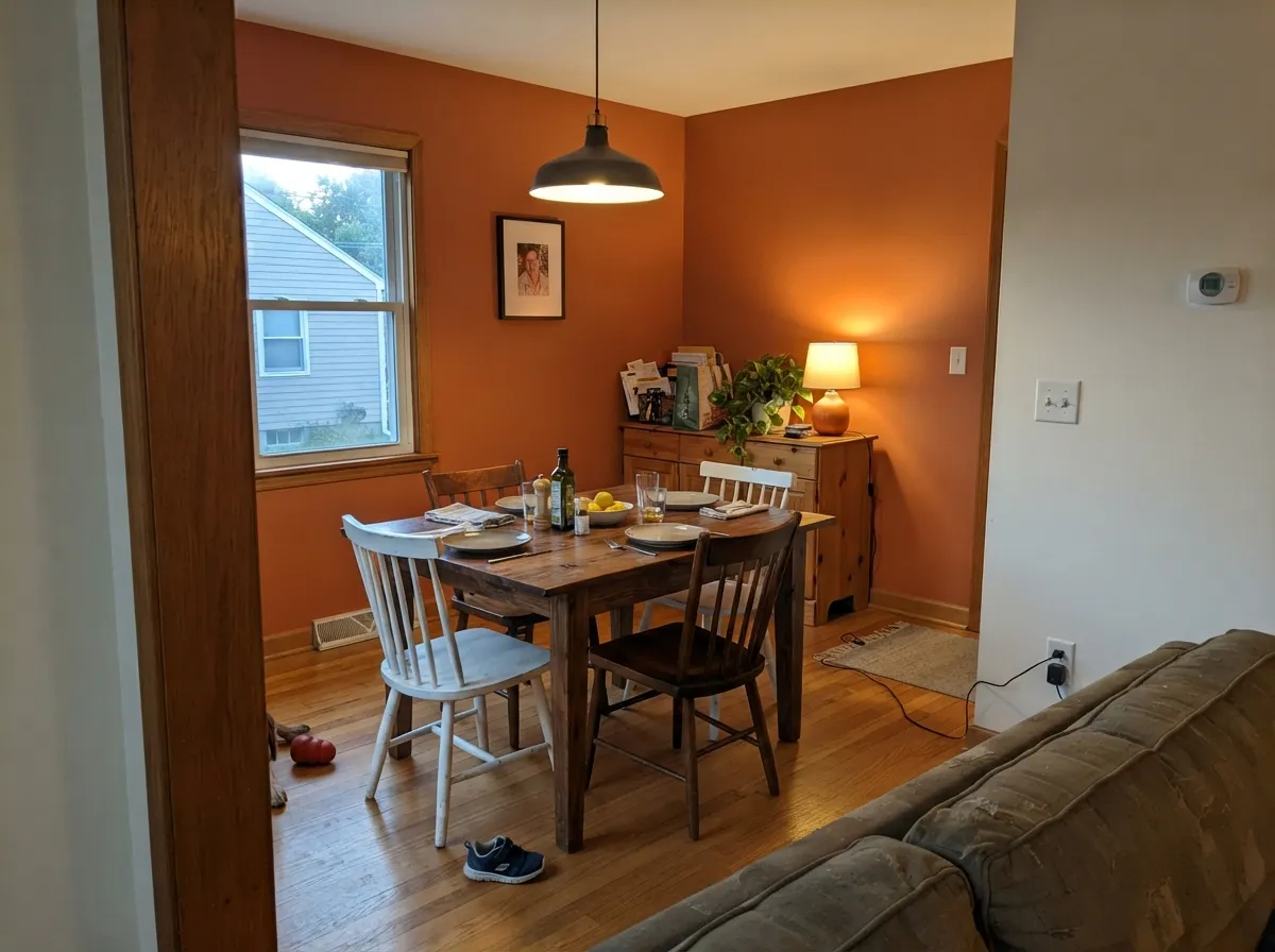 One accent wall behind walnut furniture is the easiest way to use this color without committing a whole room to it.