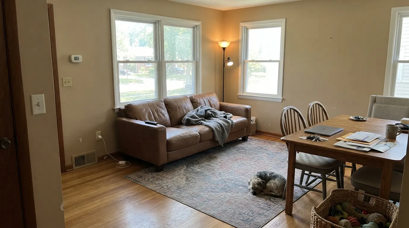 In a south-facing room the beige holds its warmth all day and finally gives the walls some weight against Alabaster trim.