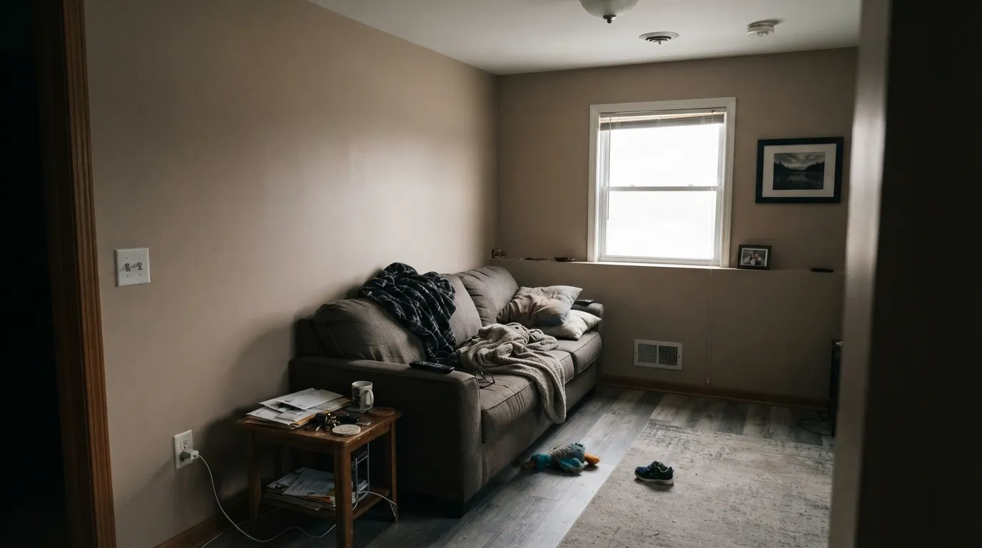 The honest shot: north light with gray flooring strips the gold out and leaves the red — heavy, khaki, and faintly pink.
