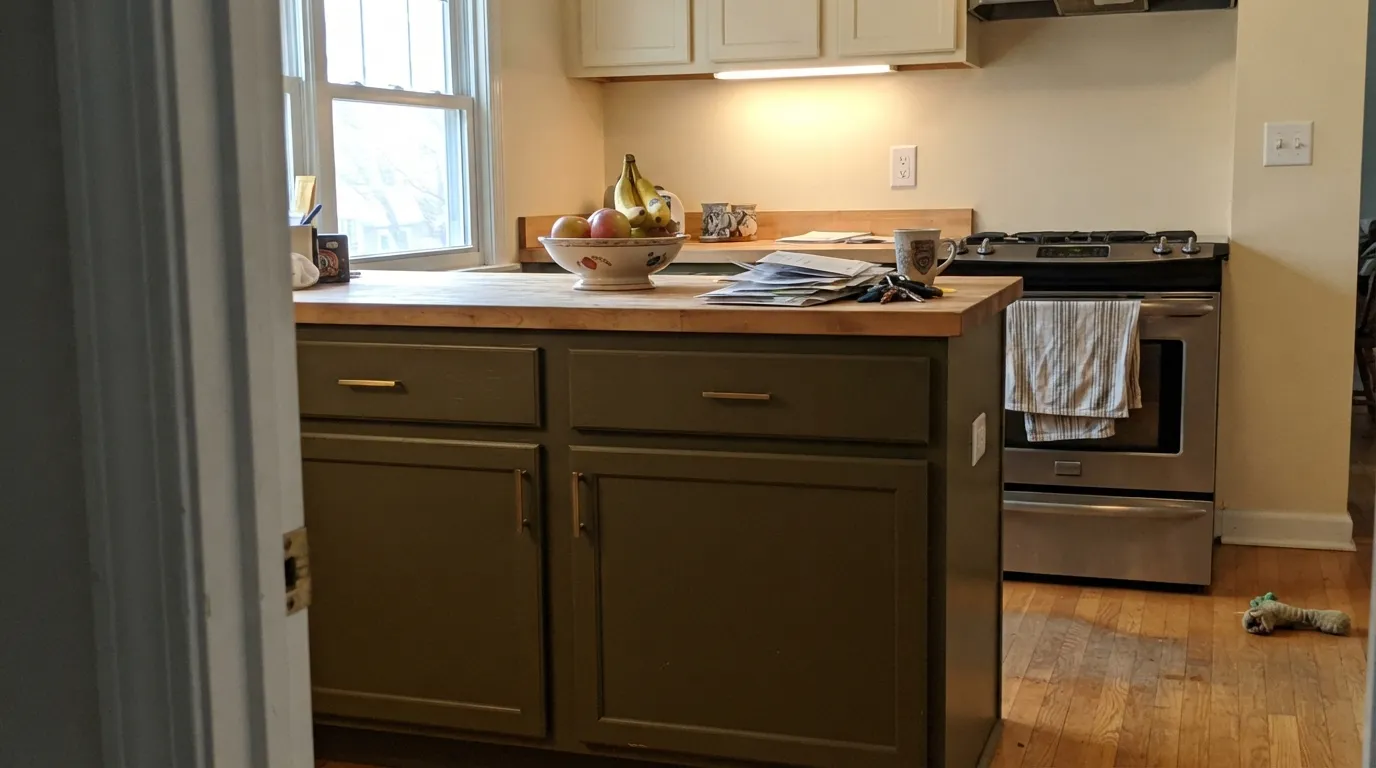 Basil on the island, warm cream on the walls — with brass and butcher block it reads rich and expensive instead of heavy.