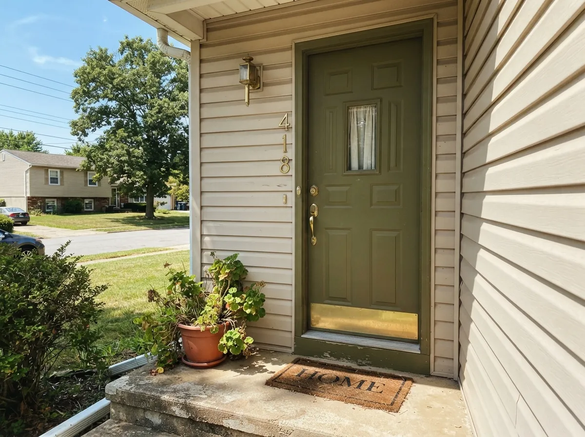 In full sun the green brightens noticeably — a quiet, sophisticated exterior color next to warm siding.