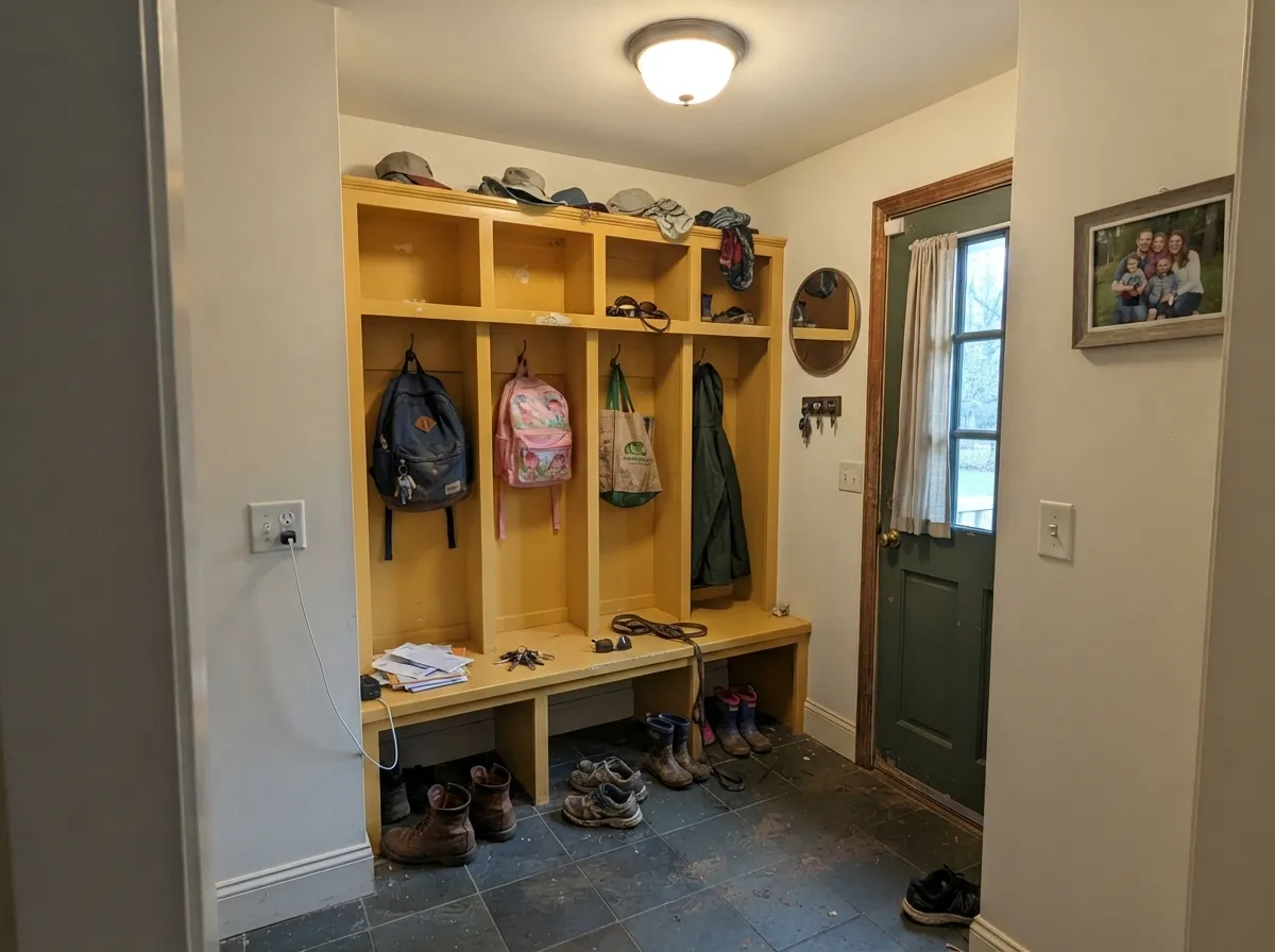 A windowless mudroom is exactly where a strong yellow earns its keep — nothing else in the room competes with it.