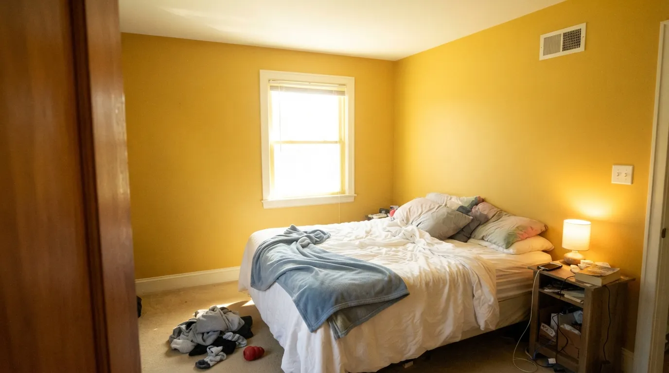 The honest shot: what looked cheerful on the chip becomes a shouting room on four walls, with the gold bounce staining the white ceiling and trim.