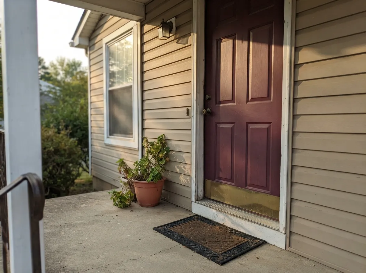 Against a warm tan exterior the door reads as a confident ruby red, not a bright fire-engine one.