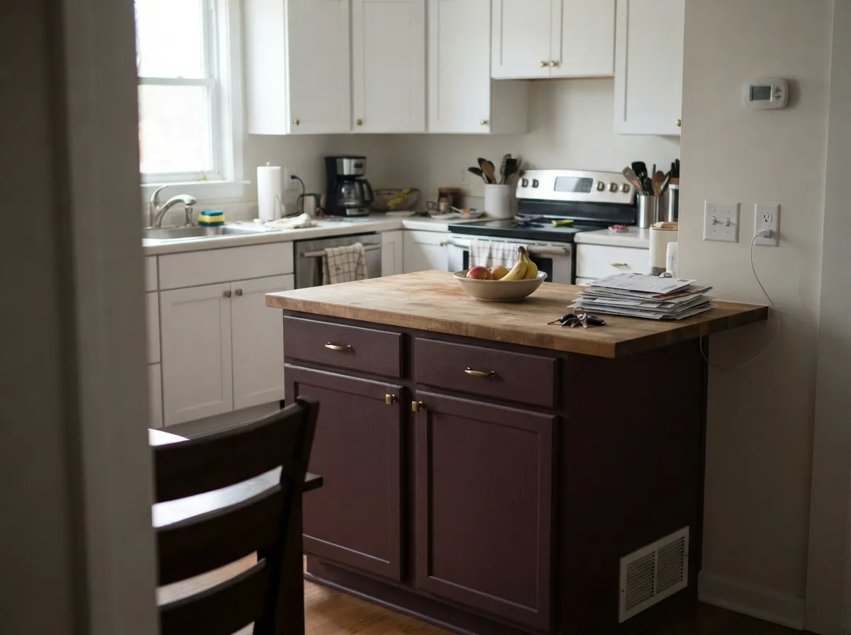 One piece of color does the work — the island carries the burgundy while white cabinets keep the room bright.