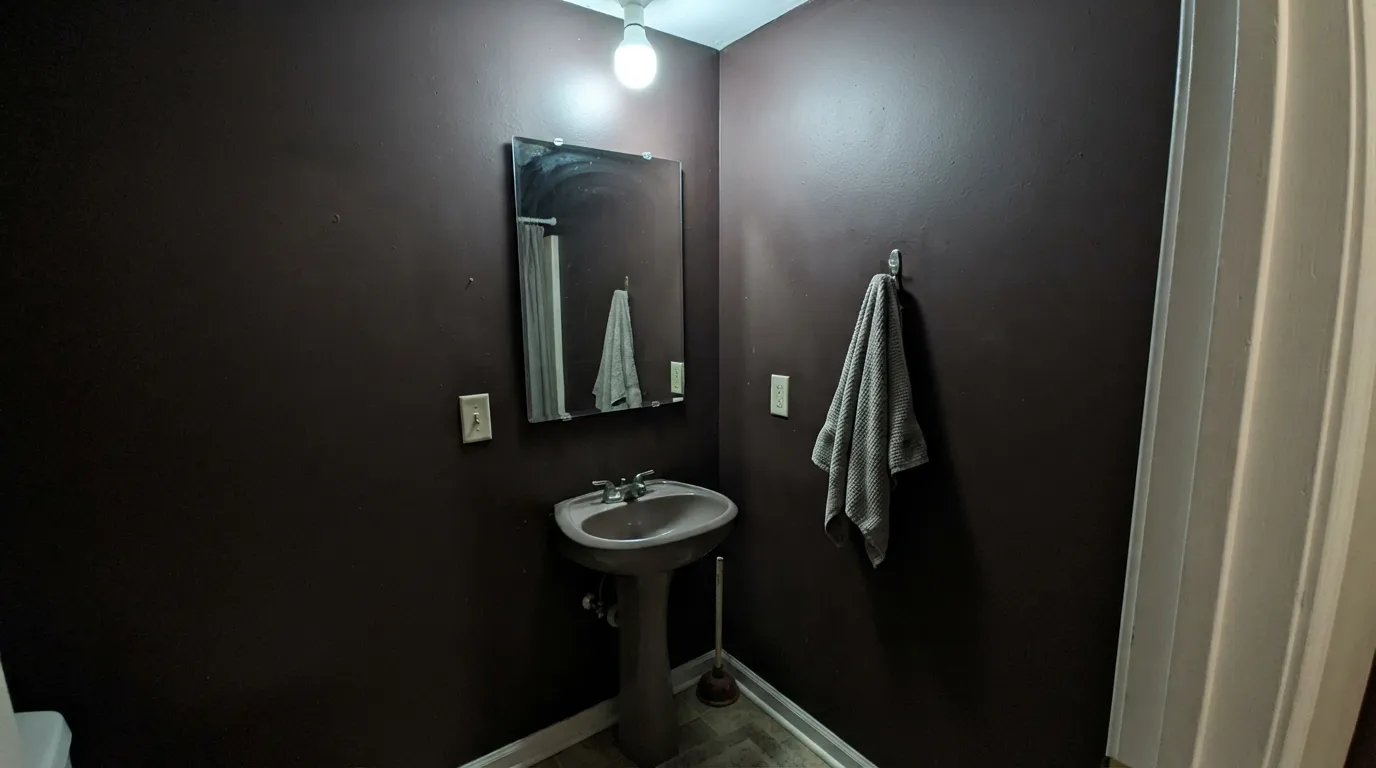 The honest shot: a cool overhead bulb and no warm light source drain the red out entirely, leaving a flat black-brown wall — the exact letdown behind the 'looked black on my wall' complaints.