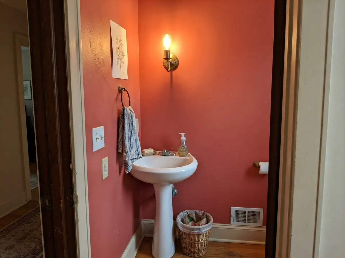 In a small powder room the saturation works in its favor — no neighboring wall to argue with, just one confident color.