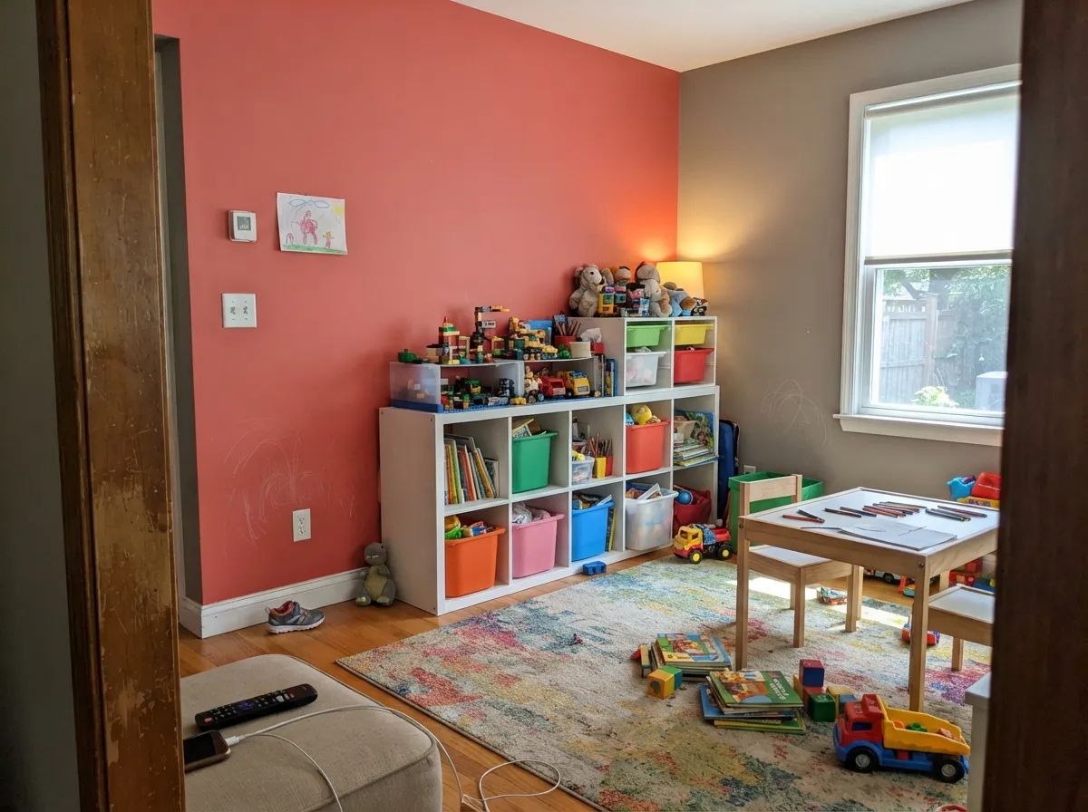 One accent wall keeps the coral cheerful instead of overwhelming — the gray walls around it do the quiet work.
