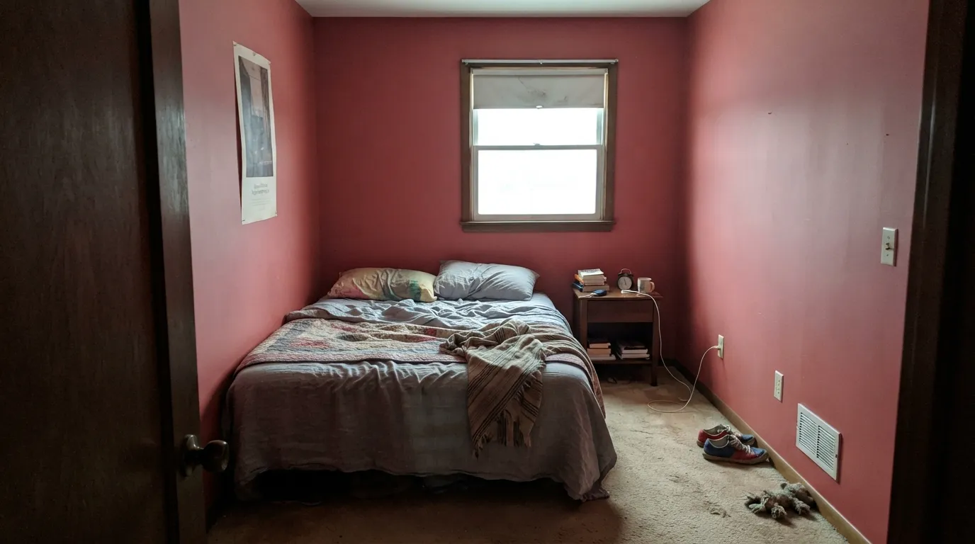 The honest shot: a whole room, cold north light, no warm bulbs — the color most people picked for its cheer goes dull and mauve, and four walls of it feels like too much.
