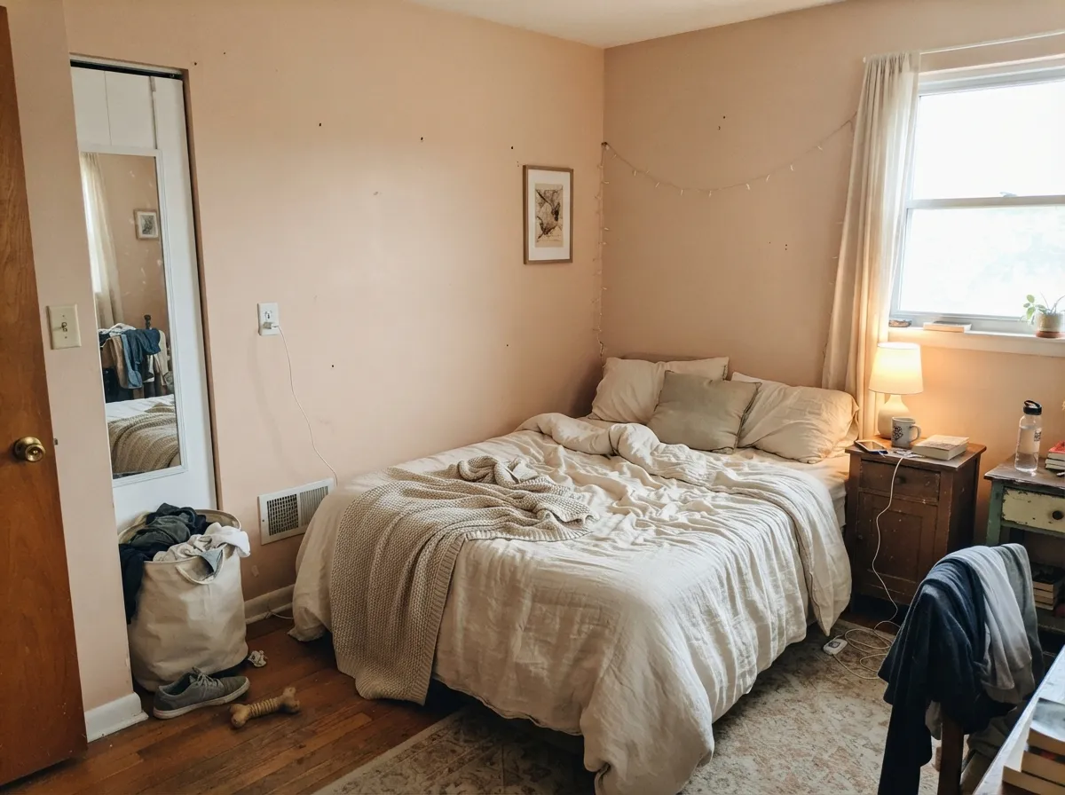 In a morning-lit bedroom the peach stays quiet — warm enough to feel finished, light enough at LRV 60 to wake up to.
