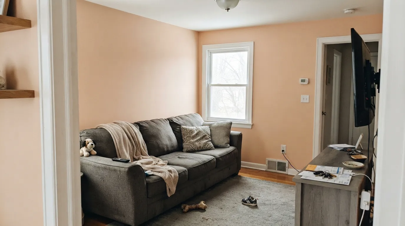 The honest shot: searched beige, got peach — on four walls next to crisp white trim and gray furniture, SW 2859 is apricot, not the greige the name promised.
