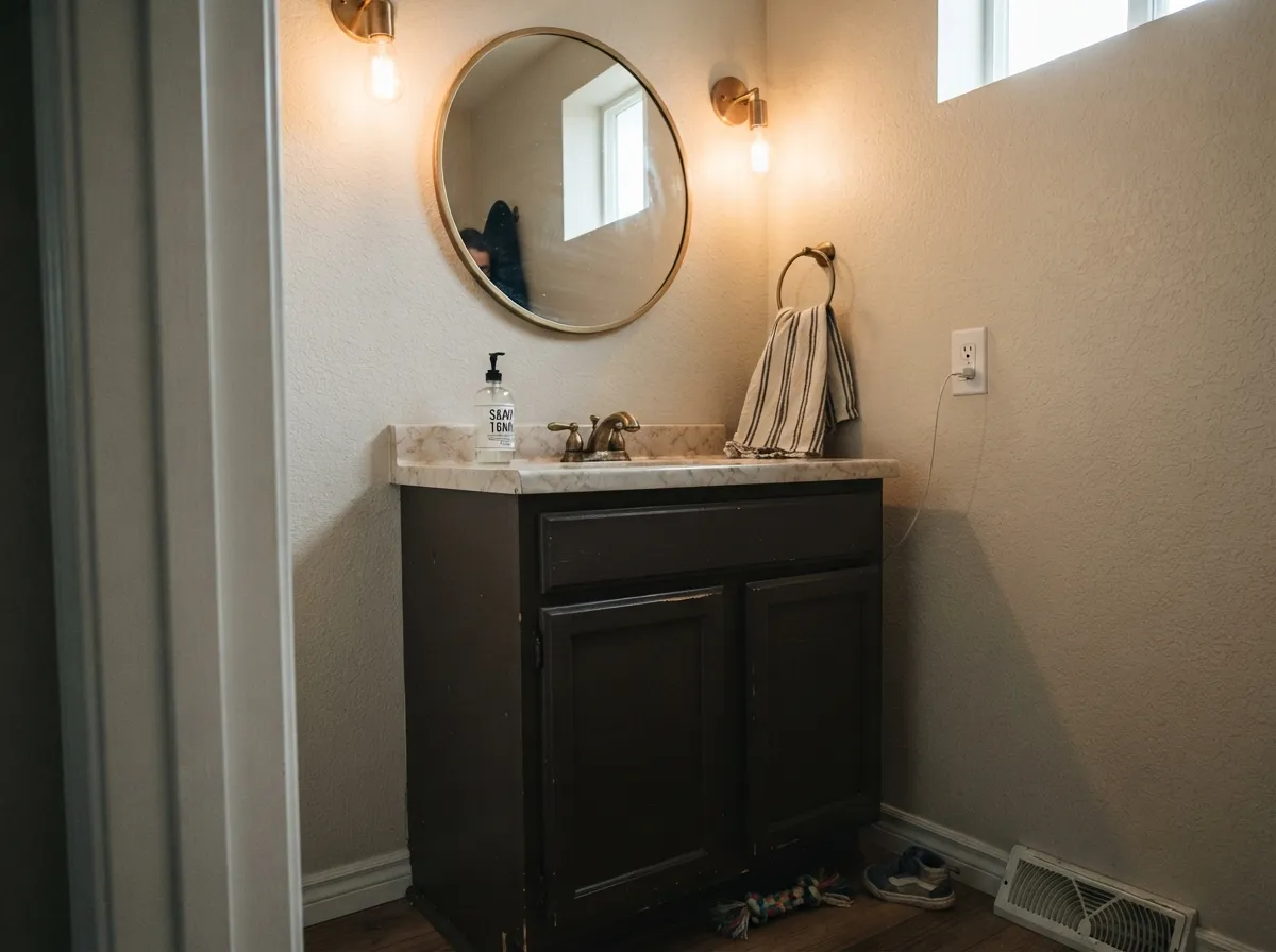 In a small room with a real light fixture, the cocoa warmth reads expensive next to brass and stone.