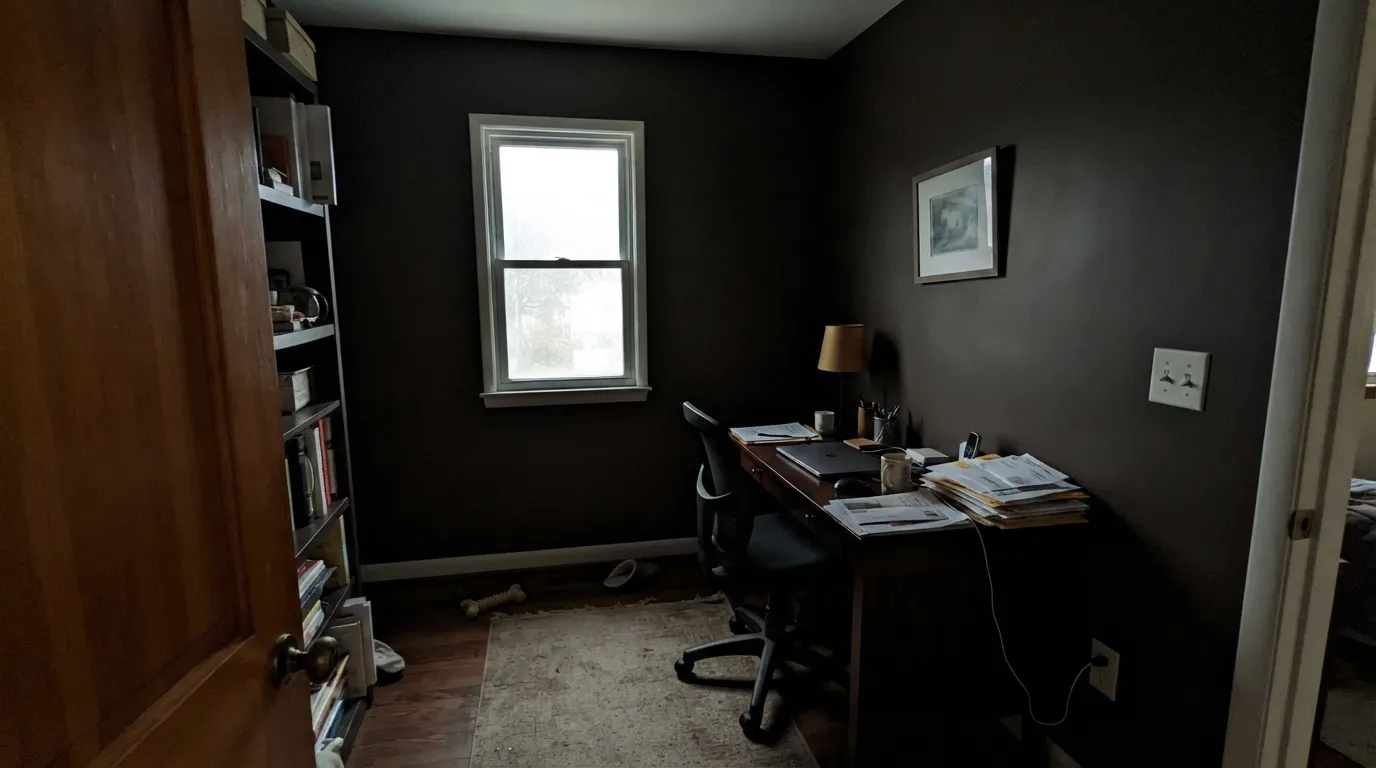 The honest shot: one small window, no lamps, overcast day — the brown disappears and the room just goes dark. This is the situation behind the "too much" reviews.