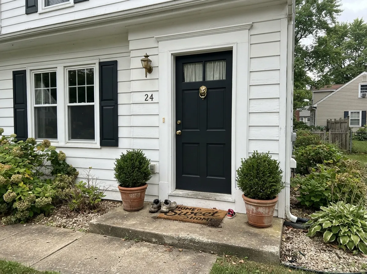 Black Magic on the front door and shutters against white trim.
