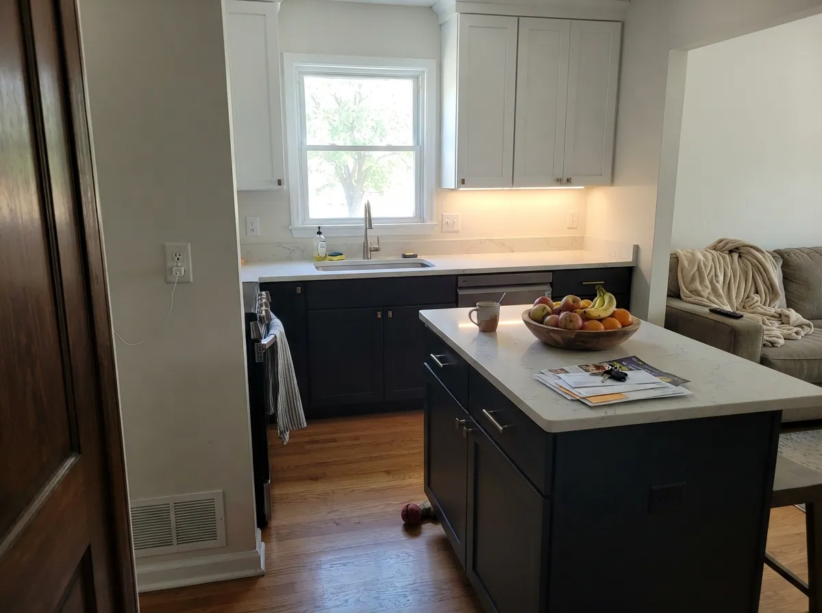 Black Magic on lower cabinets and island under white upper cabinets.