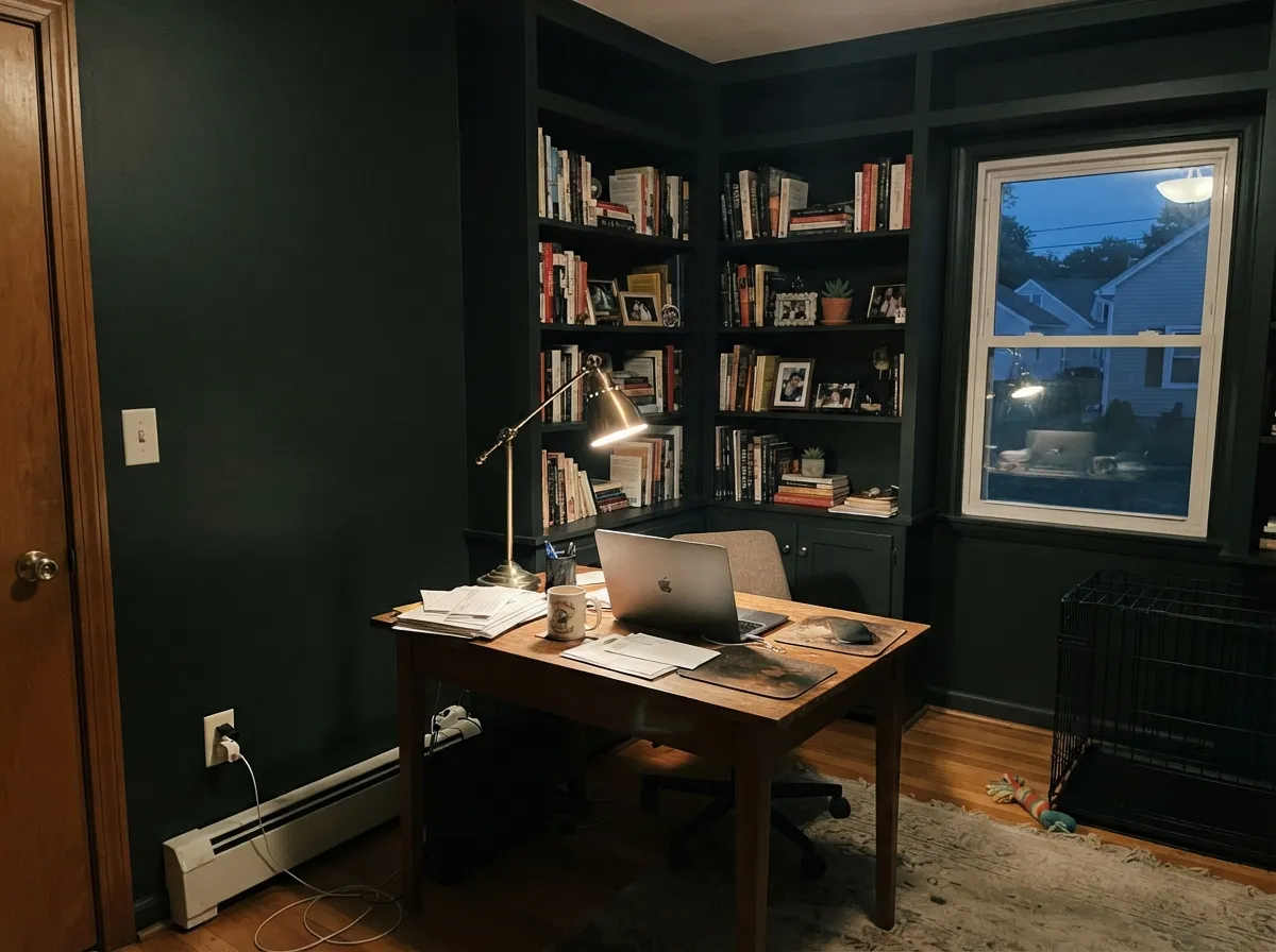 Black Magic walls and bookshelves in a lamp-lit home office.