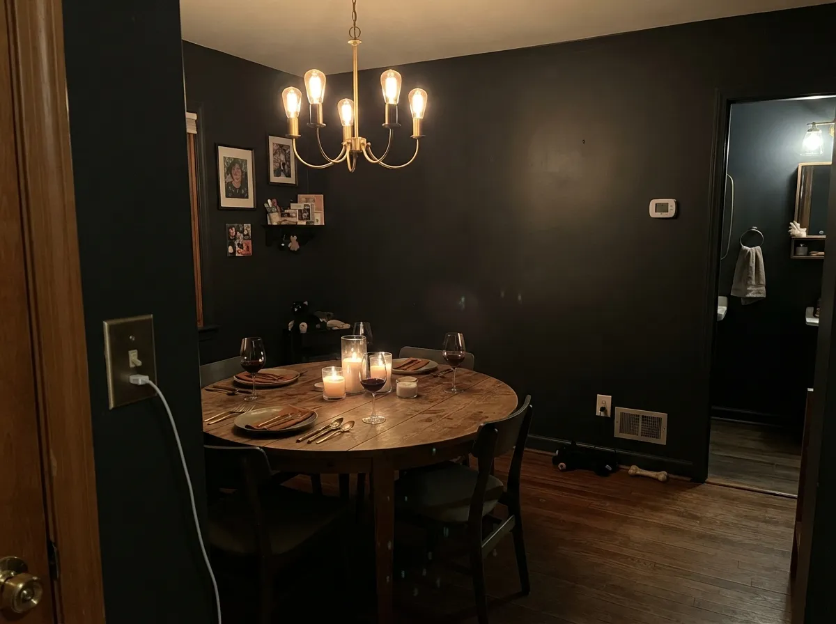 Black Magic dining room walls glowing under warm chandelier light at night.