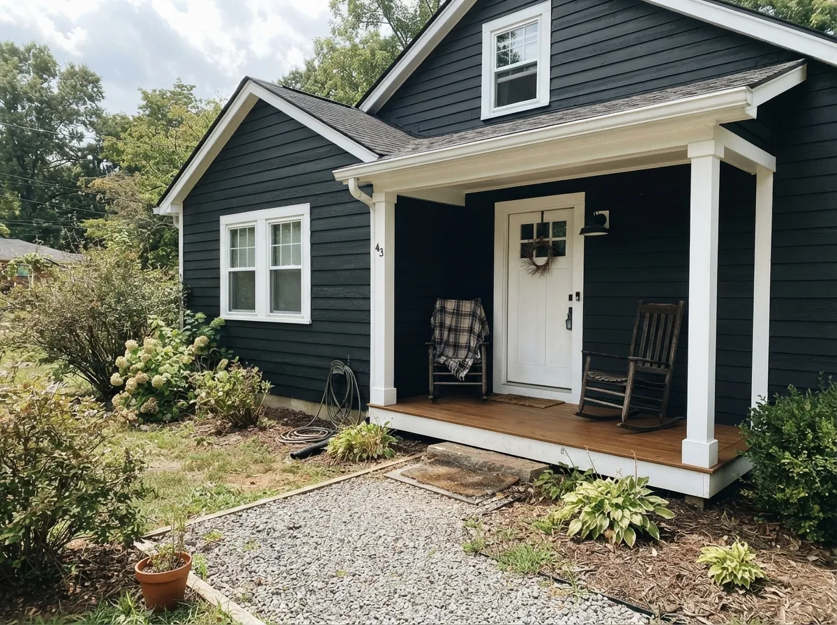 Black Magic exterior siding with white trim.