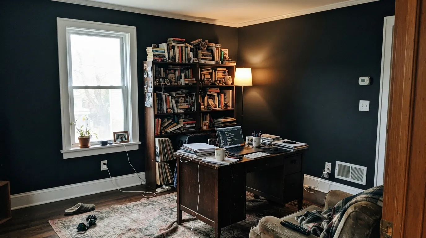 In a study with one good window and lamps on, Black Magic reads as depth rather than gloom — the white trim is doing half the work.