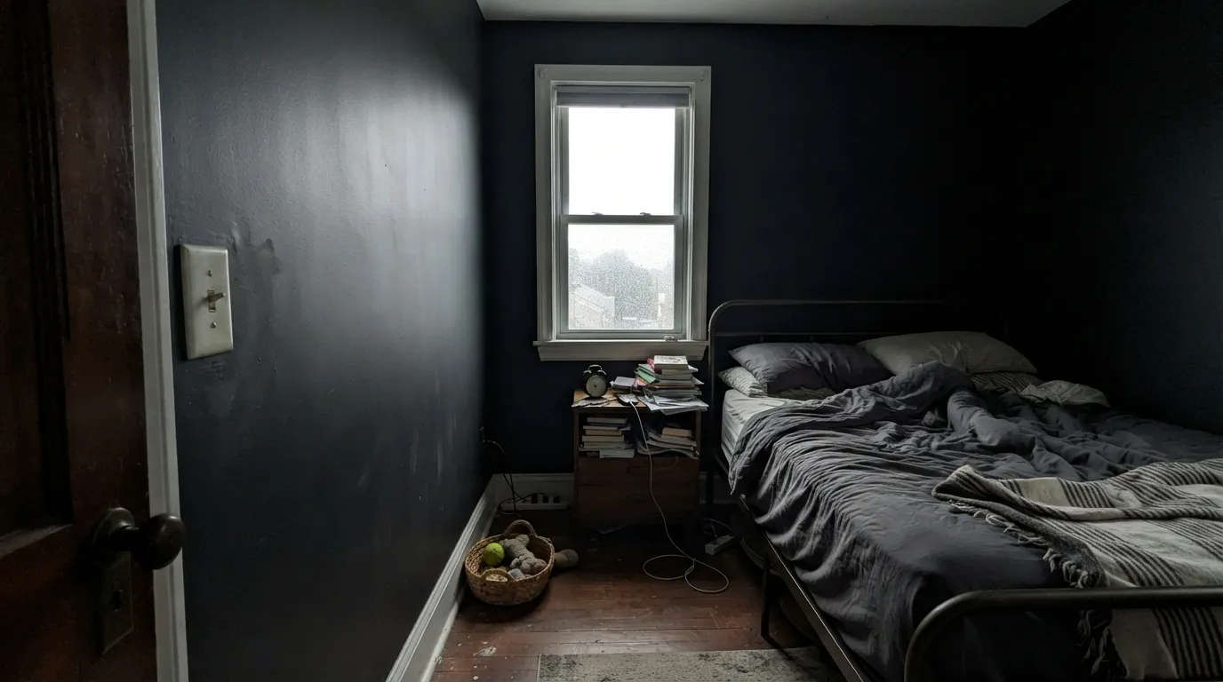 The honest shot: one small window, flat sheen, no lamps — this is the cave-and-smudges room people describe when they regret it.