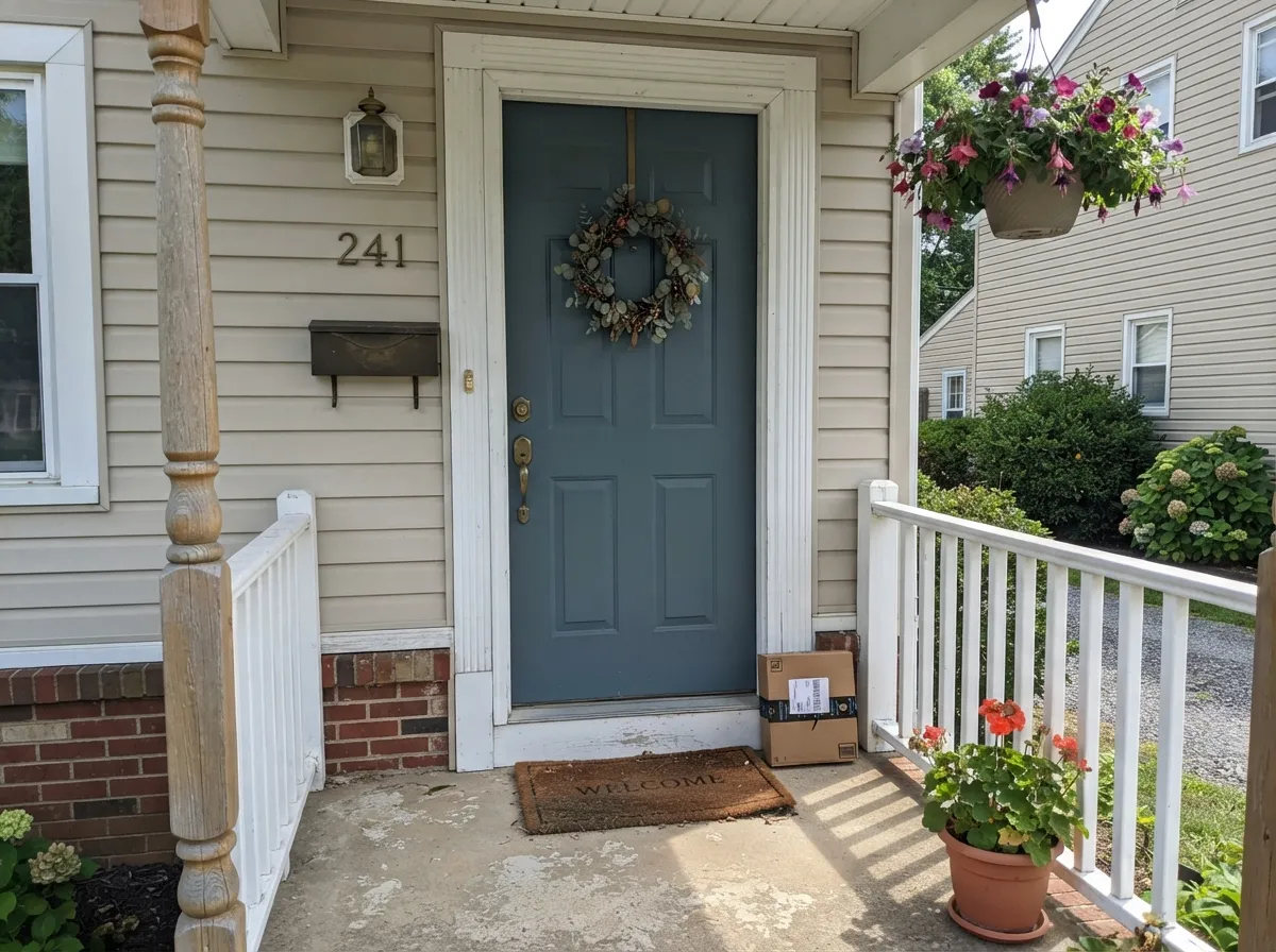 Full sun on a front door — the color's most confident, most stately job, with white trim keeping it crisp.