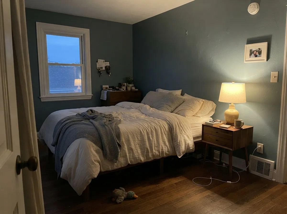 Under a warm lamp the hidden green comes forward and the walls turn cozy, not cold — the color's other best moment.