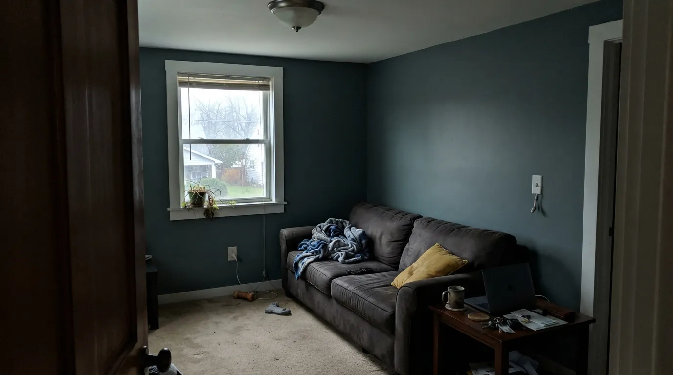 The honest shot: north light, no lamps, cool white trim. The blue disappears and the wall reads muddy — the exact combination behind the flattest reviews.