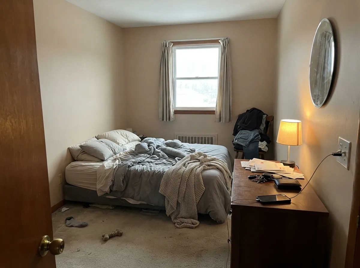 In flat north light the red settles down and the walls read as a quiet taupe — this is the color at its most flattering.