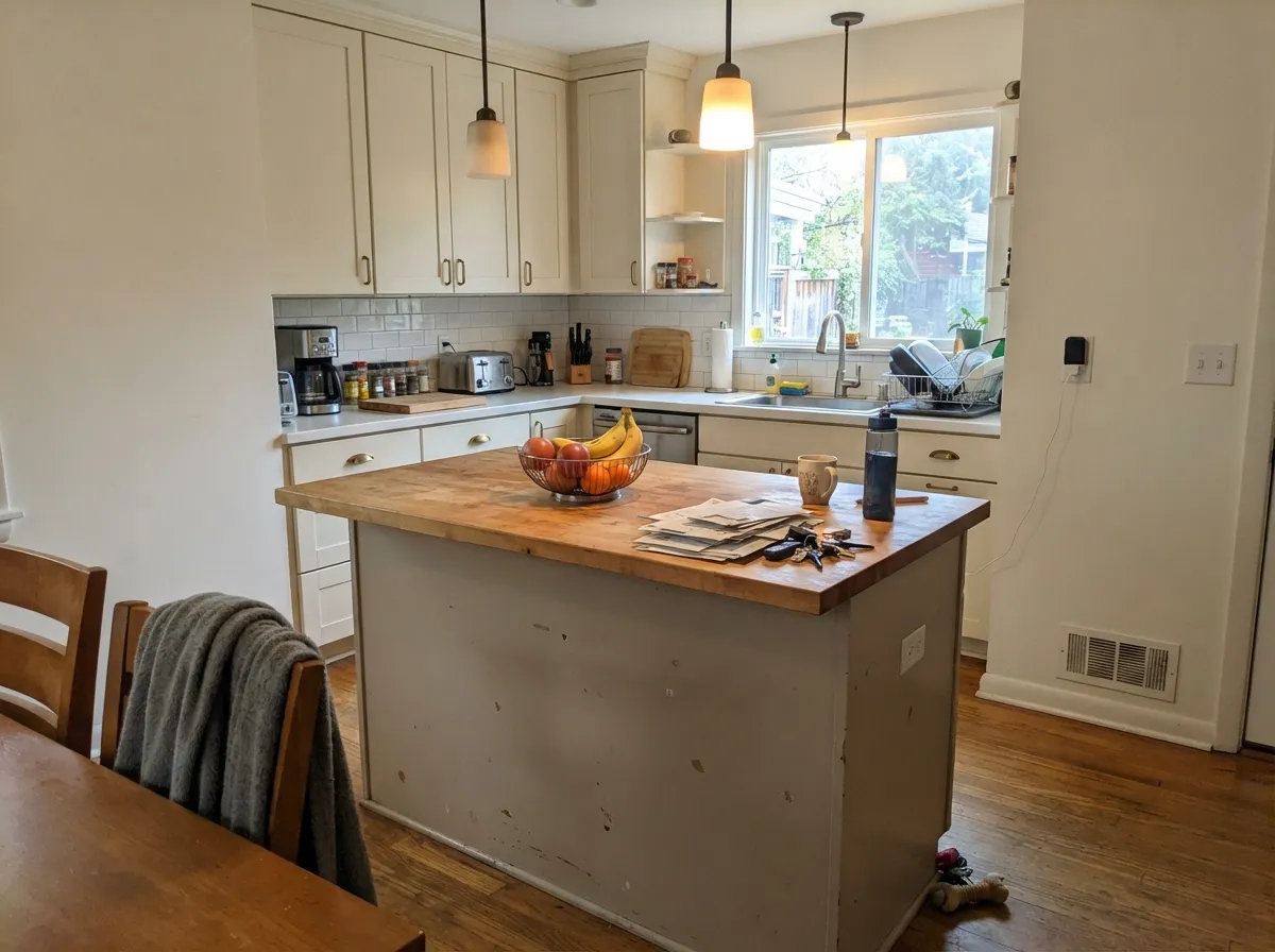 On an island under lighter cabinets it gives contrast without a hard color statement, and brass hardware suits the warmth.