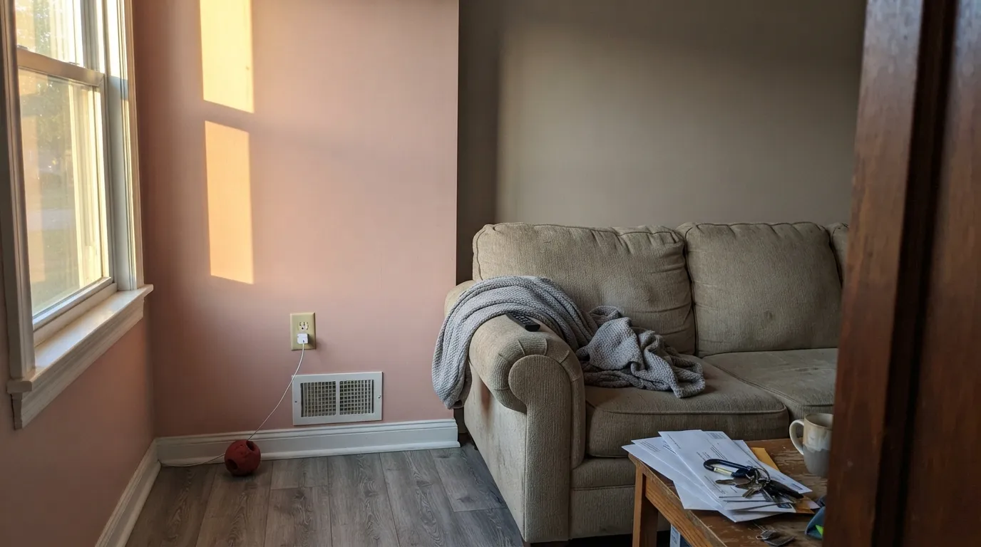 The honest shot: hard late-afternoon sun beside cool white trim, and the wall goes rosy — the one complaint people actually have with this color.