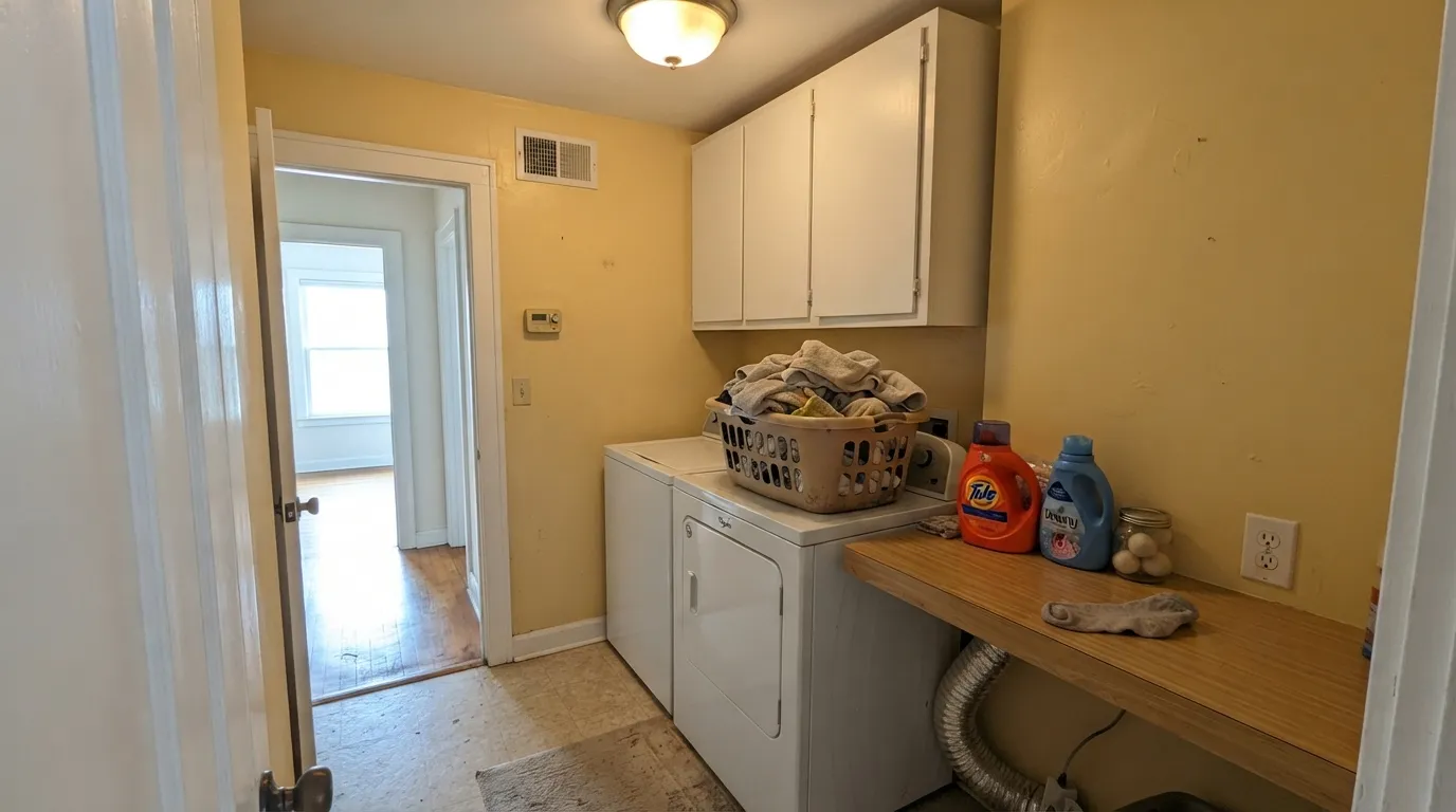 Butter Up doing the job it is best at: a windowless laundry room that feels lit and cheerful under warm bulbs, with Pure White cabinets keeping it from closing in.