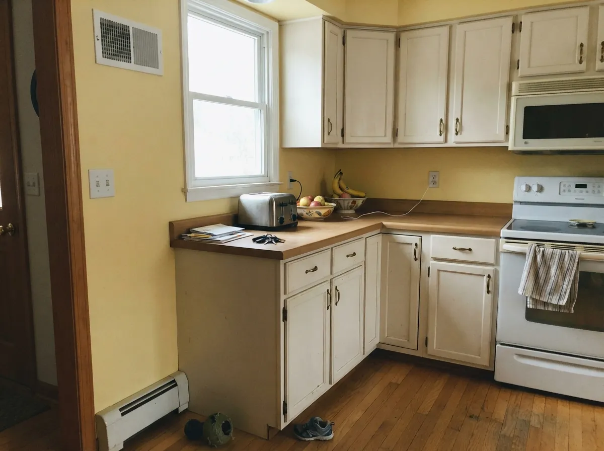 Above off-white cabinets in cool north light the yellow stays buttery instead of bright — this is the light the color likes best.