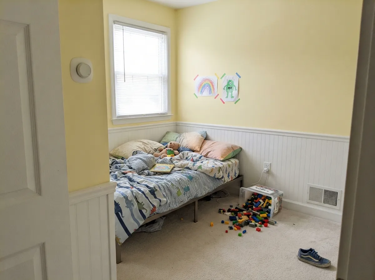 Splitting the wall keeps the saturation manageable: white below and Butter Up above reads cheerful without overwhelming a small room.
