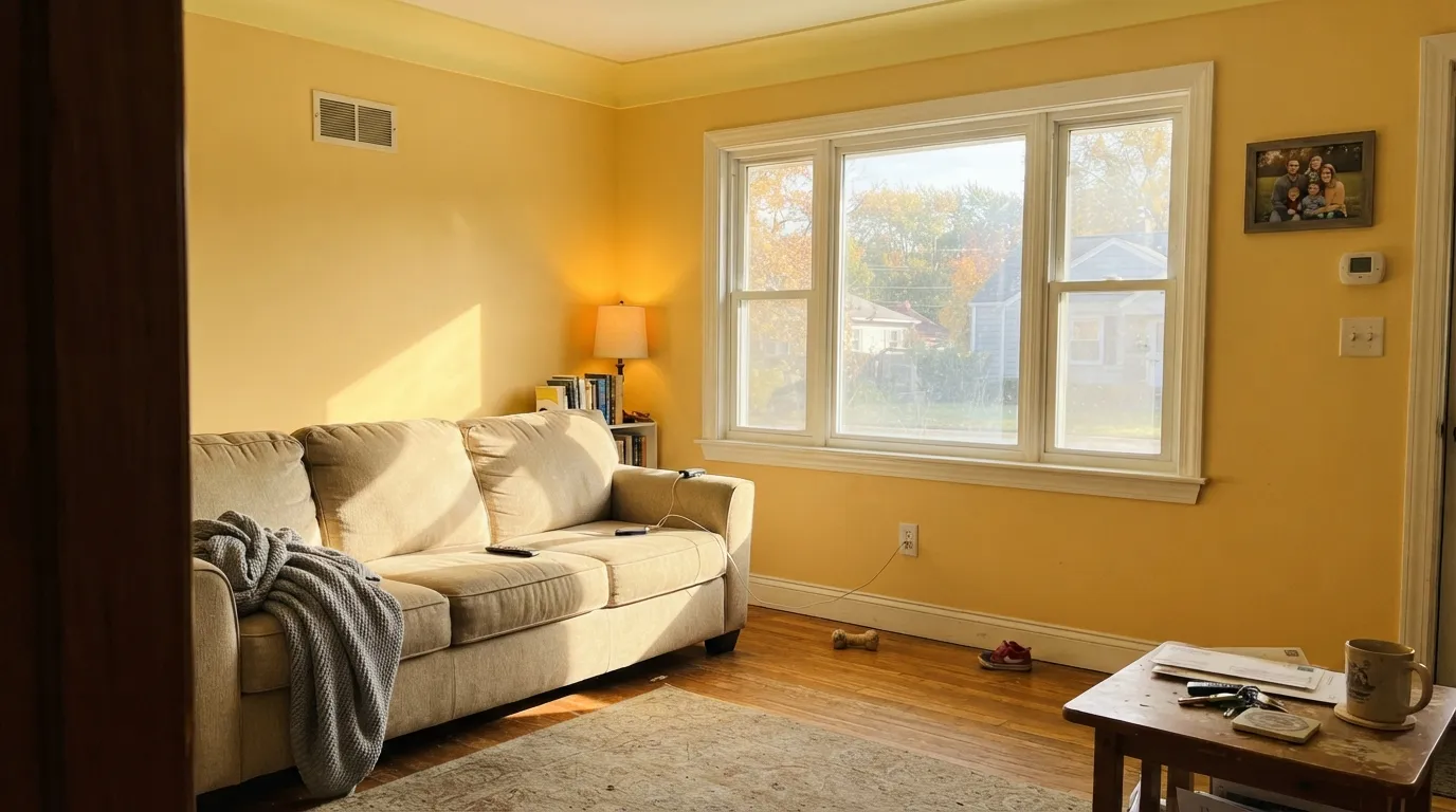 The honest shot: in hard west afternoon sun the walls bounce yellow onto everything and the white trim looks tinged — the situation behind almost every "how do I tone down my yellow walls" thread.