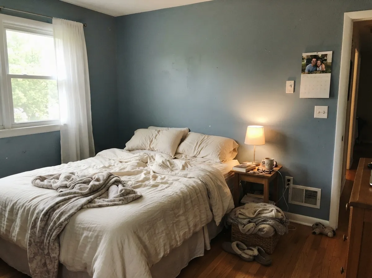 In a bedroom with real morning light, Cadet stays calm and cool without going cold — restful, not moody.