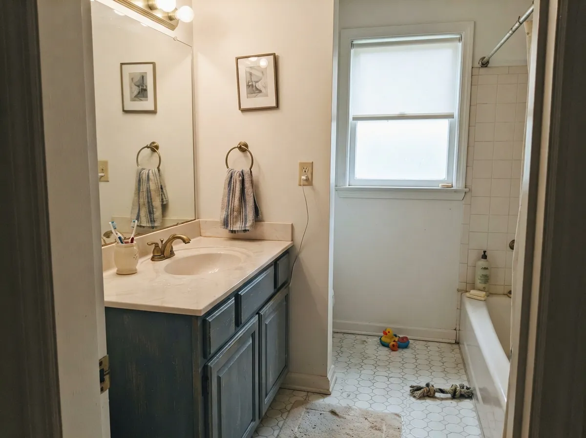 On a bathroom vanity with brass fixtures and white stone, Cadet reads clean and a little coastal without trying too hard.