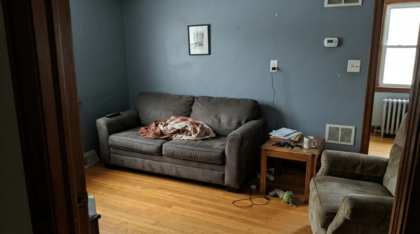 The honest shot: no daylight, no warm lamps, honey oak underfoot — the blue disappears and Cadet goes flat, heavy gray. This is the room where it disappoints.