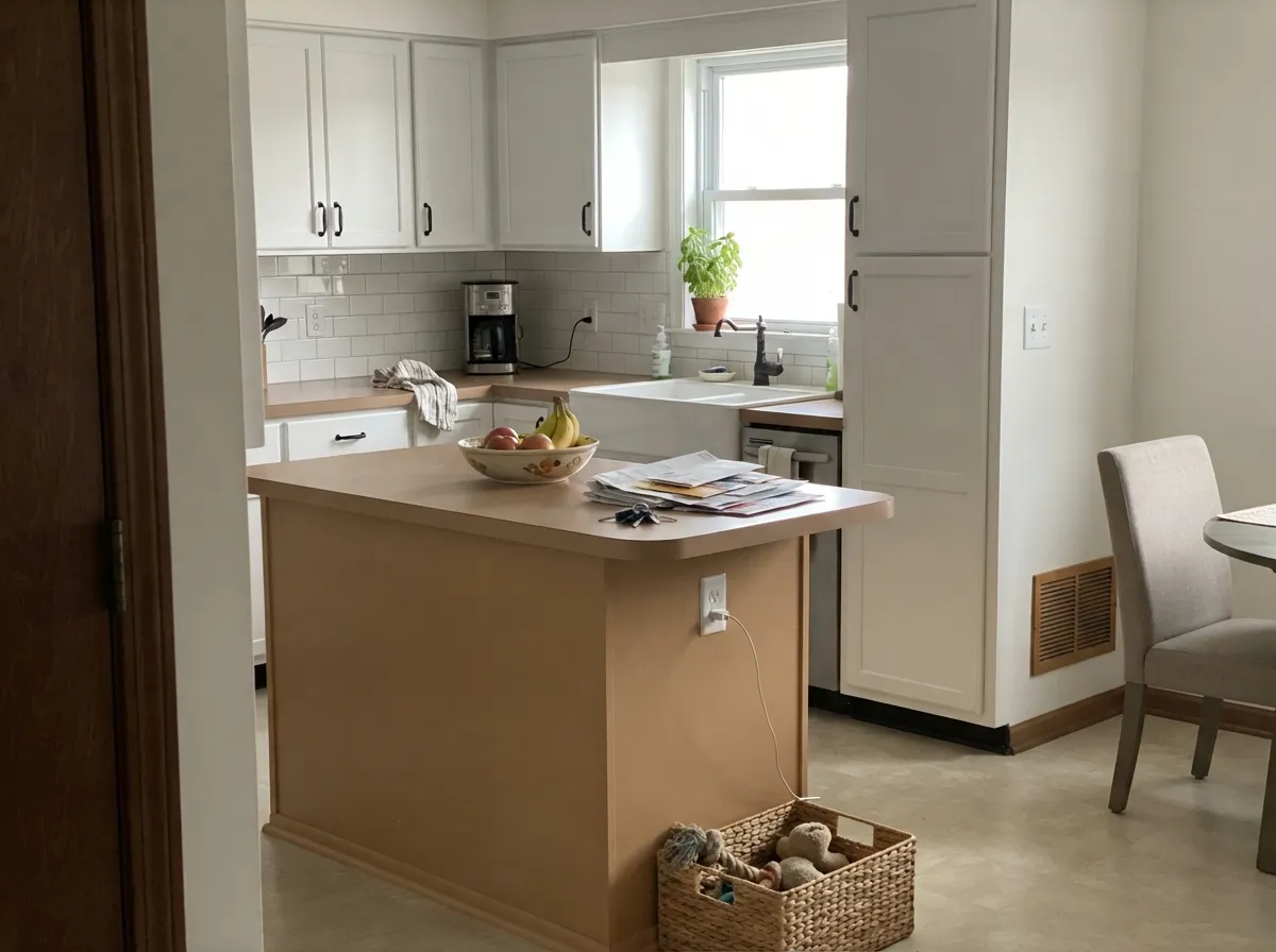 One caramel island against white perimeter cabinets — the strongest indoor use, and it loves black hardware.