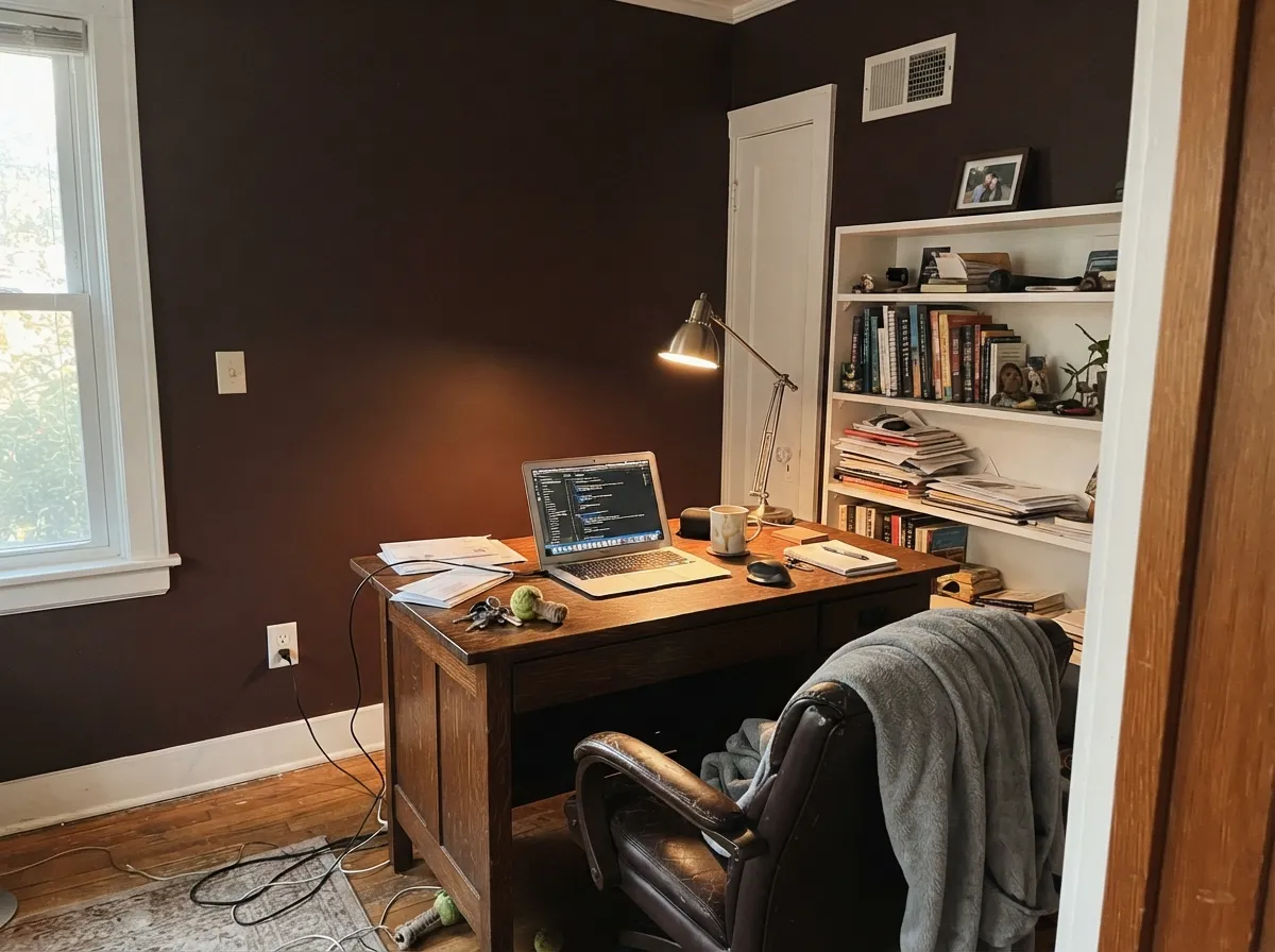 One accent wall behind a desk, warm lamp light, leather and walnut nearby — this is the color used the way it wants to be used.