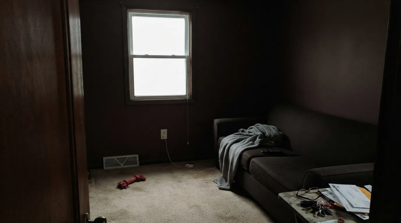 The honest shot: four walls, no lamps, cool north light — the red disappears and the room goes flat, cave-like brown-black.