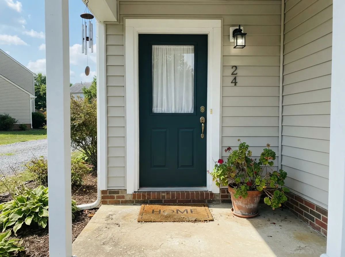 In full sun the blue-green comes through clearly — the door reads teal, not black.
