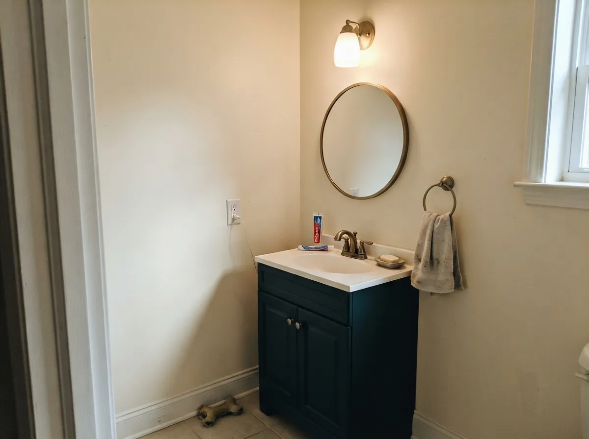 With a sconce doing real work, the vanity holds its color instead of disappearing into shadow.