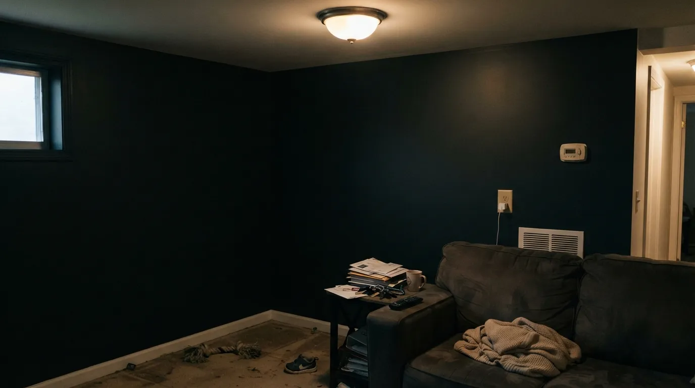 The honest shot: under ordinary overhead light with no task lighting, Cascades just reads as black — the teal never shows up.