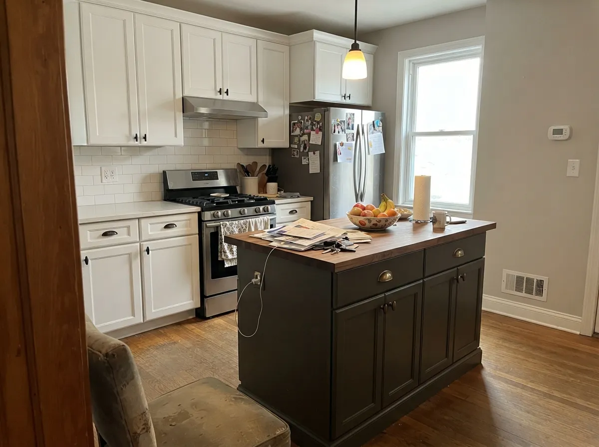 Against white cabinets and brass hardware, the warmth in Cast Iron comes forward — this is the pairing it was built for.
